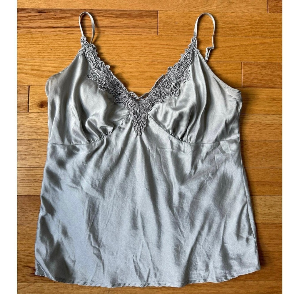 Worthington Vintage Y2K Silver Gray 100% Silk Lace Trim Cami Babydoll Large